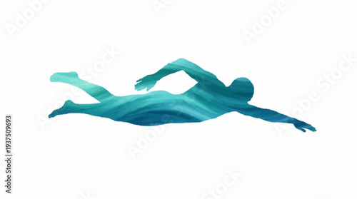 Silhouette of a Swimmer with Turquoise Teal Wave Texture