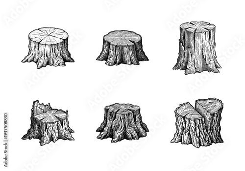 Set of vintage wood engraving tree stumps in black and white line art style featuring detailed bark textures and growth rings for rustic design projects.