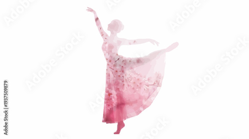 Graceful Ballet Dancer Silhouette with Floral Dress, Pink Hues, Elegant Pose