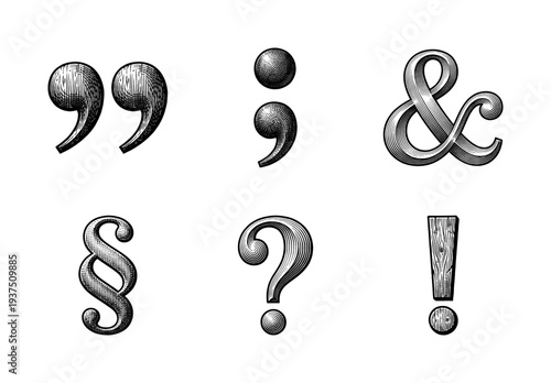 Set of classic punctuation marks and symbols in a vintage woodcut engraving style featuring quotation marks ampersand semicolon section sign and exclamation point