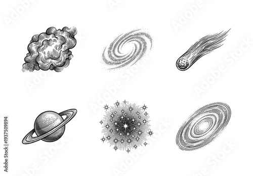Set of astronomy and space exploration icons in vintage engraving style featuring galaxies, planets, and celestial bodies.