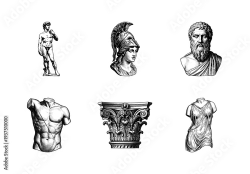 Set of classical greek and roman sculptures including busts of philosophers and deities with a corinthian column capital in vintage engraving style