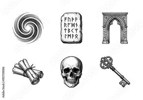 Vintage fantasy adventure icons set featuring a mystical portal, runic stone, gothic archway, ancient scrolls, human skull, and ornate key in woodcut style.