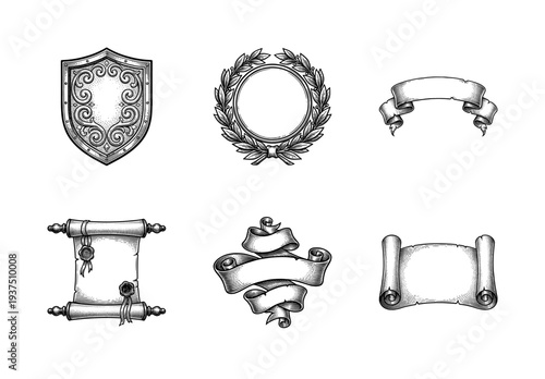 Set of vintage heraldic design elements featuring ornate shields laurel wreaths and engraved scrolls for medieval branding and classic decoration