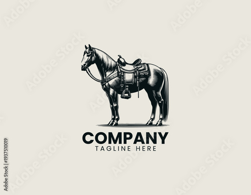Western saddle horse standing side view monochrome line art black vector logo illustration isolated on white background