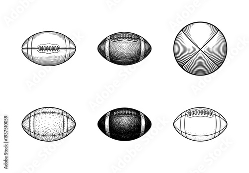 Set of vintage engraved American football and rugby balls in various styles, including sketches, hatched, and line art illustrations on a white background.