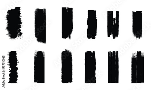 Black grunge brush stroke set. Rough ink paint lines, underline and redaction banner texture. Vector brush elements.