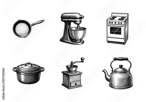 Vintage engraving style collection of kitchen appliances and cookware including a stand mixer stove kettle coffee grinder pot and frying pan