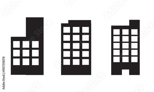 City building icon set. Office tower and urban architecture symbols. Solid silhouette vector icons.