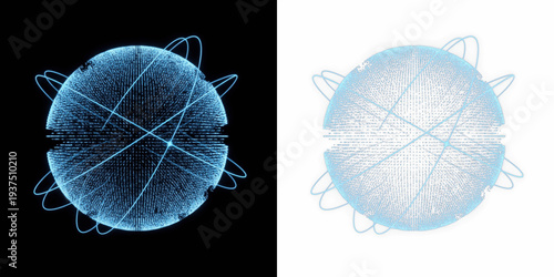 Artificial Intelligence Data Sphere with Rotating Blue Connection Lines, Neural Network Data Processing Core, Machine Learning Connectivity Visualization, Intelligent Computing System Concept Isolated