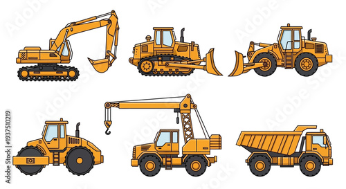 Heavy Construction Machinery Set with Excavator, Bulldozer, Crane, and Dump Truck Illustration