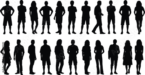 Collection of men and women standing silhouettes isolated on white background, diverse people figures set for design