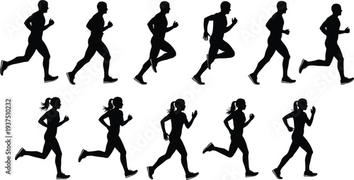 Collection of running silhouettes showing male and female runner motion sequence, jogging animation frames isolated on white background for fitness design