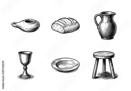 Vintage engraving style collection of historical domestic items including an oil lamp bread pitcher chalice plate and wooden stool