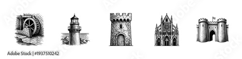 Collection of medieval and historical architectural icons in a vintage woodcut and hand drawn engraving style featuring a watermill lighthouse tower cathedral and gate.