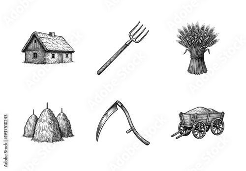 Set of vintage woodcut illustrations featuring rural farm life, agricultural tools, wheat sheaves, a rustic cottage, and a traditional grain cart in a hand-drawn etching style.