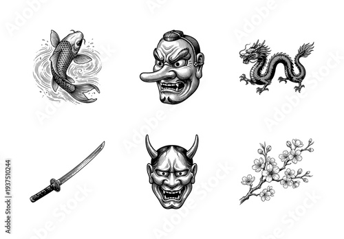 Set of traditional Japanese cultural icons including koi fish, tengu mask, dragon, katana sword, hannya demon mask, and cherry blossoms in a detailed woodcut engraving style.