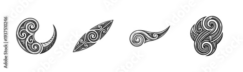 Traditional Polynesian and Maori inspired tribal tattoo motifs featuring intricate koru spirals and scrollwork in a hand drawn etching style.