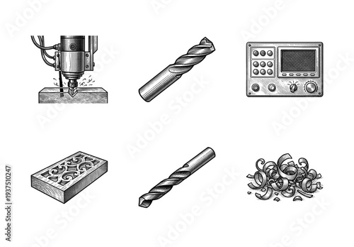Industrial CNC milling and woodworking icon set in vintage hand drawn woodcut style featuring drill bits machinery and carved wood