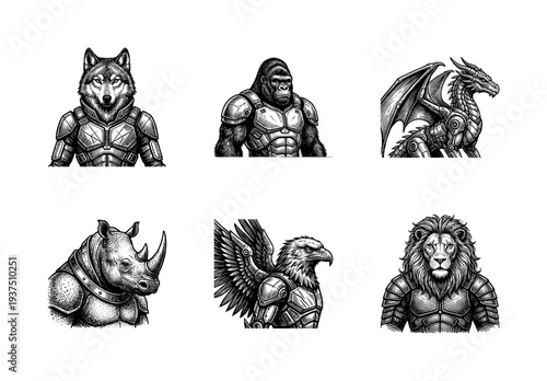 Set of six engraved illustrations featuring anthropomorphic animals and a dragon in futuristic tactical armor suits.