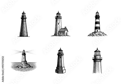 Set of vintage lighthouse illustrations in hand drawn engraving style featuring nautical coastal beacons and maritime architecture.