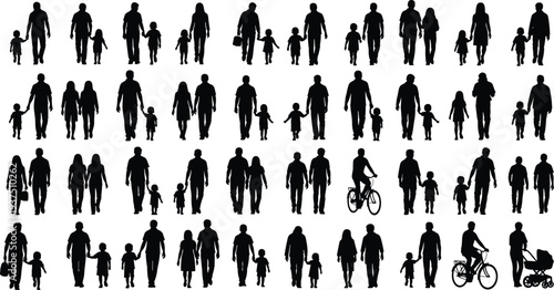 Family walking silhouettes collection showing parents with children, couples and people walking poses isolated on white background for design use
