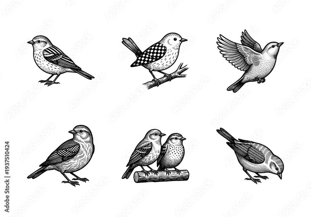 Fototapeta premium Vintage engraving style collection of small songbirds in various poses including flying and perching