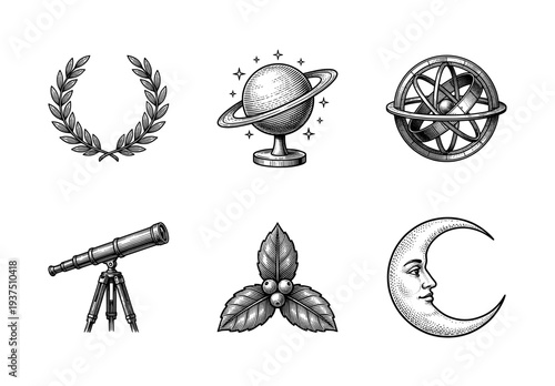 Vintage engraving style celestial and botanical collection featuring armillary sphere, saturn planet, telescope, crescent moon, laurel wreath, and holly leaves.