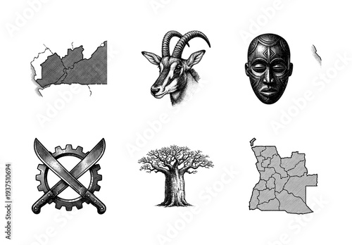 Set of monochrome vintage engravings featuring African culture symbols, animal wildlife, baobab tree, and regional maps