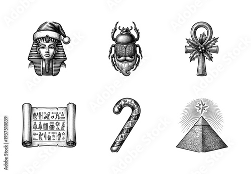 Ancient Egyptian Christmas collection with pharaoh in santa hat, scarab, ankh, papyrus scroll, candy cane, and pyramid in vintage woodcut style.