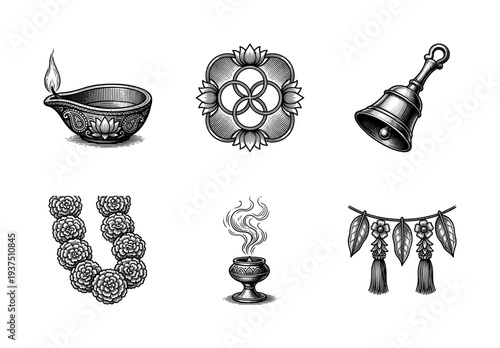 Set of traditional Hindu ritual items and spiritual symbols featuring a diya lamp, prayer bell, flower garland, and incense burner in a vintage woodcut engraving style.