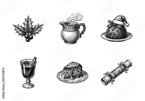 Vintage engraving style Christmas collection featuring holly berries, mulled wine, pudding with santa hat, gravy boat, fruit cake slice, and holiday cracker.
