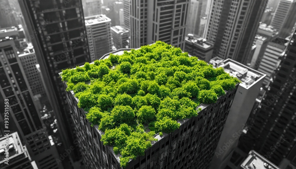 Fototapeta premium Urban skyscraper contrasts with bright green rooftop garden. This scene blends city architecture with nature. Green space offers urban renewal and eco-friendly design. Sustainable city living concept.