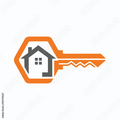 Hexagonal key with house silhouette inside, representing real estate, home ownership, security, access, property investment, solution symbol