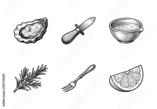 Vintage style woodcut engraving collection featuring fresh oyster, shucking knife, mignonette sauce, rosemary sprig, cocktail fork, and lemon wedge