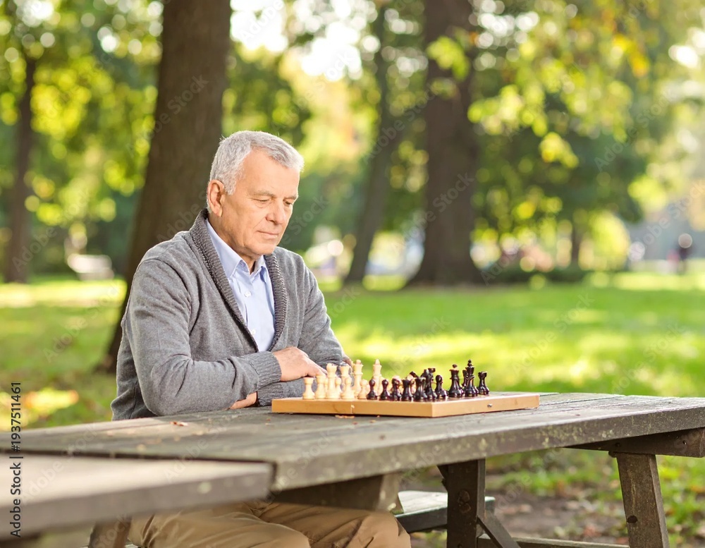 Fototapeta premium Senior Man Engaged in Thoughtful Chess Game Outdoors.