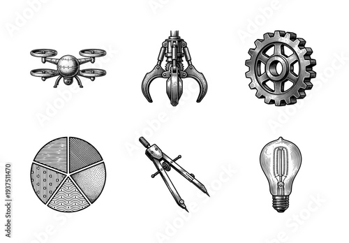 Set of vintage engraved icons featuring industrial and engineering symbols including drone, gear, light bulb, and technical drawing tools.