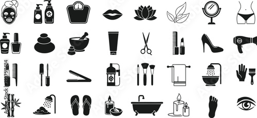 Beauty and spa therapy icons, wellness treatment symbols, skincare products, self care elements, salon equipment, health and relaxation vector illustrations