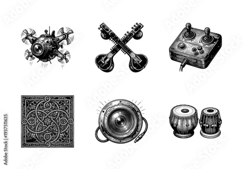 Collection of vintage woodcut style illustrations featuring a drone, sitars, joystick, ornate pattern, camera lens, and tabla drums.