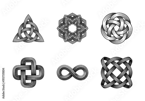 Collection of Celtic knots and sacred geometry symbols in a detailed woodcut etching style featuring infinite loops and interconnected geometric patterns