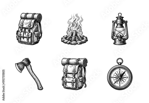 Vintage engraving style camping and outdoor adventure equipment set featuring backpack campfire lantern axe and compass