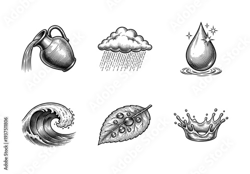 Set of black and white hand drawn woodcut style water icons featuring rain cloud, pitcher, droplet, ocean wave, leaf with dew, and splash