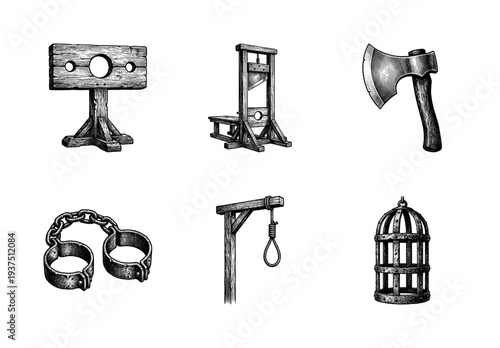 Collection of medieval execution and punishment equipment in a vintage woodcut engraving style