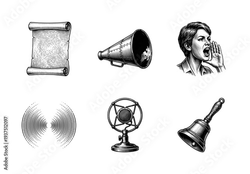 Set of vintage woodcut illustrations featuring communication tools including a megaphone, microphone, shouting woman, bell, scroll, and sound waves.