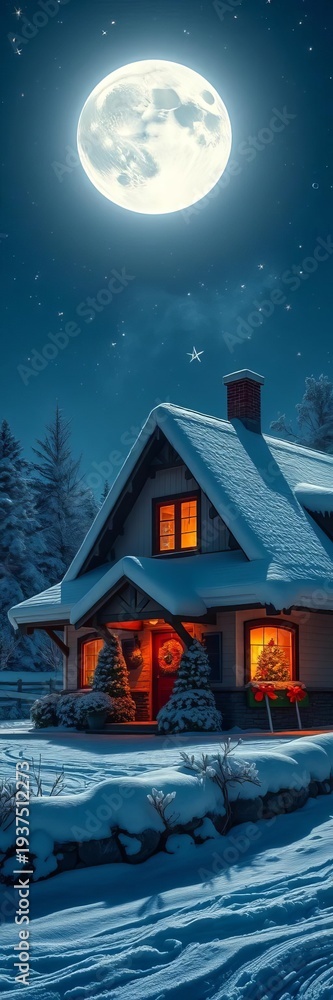 Obraz premium Snow-covered Christmas house shines bright under full moon's silver glow, ||full moon, seasonal magic