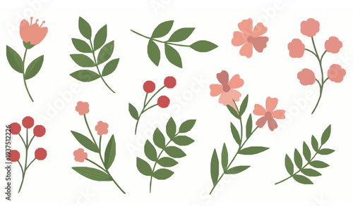 Cheerful summer floral and berry plant vector set with happy flowers and fresh leaves isolated on white