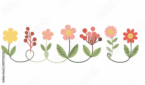 Minimal cheerful spring and summer flora vector illustration collection with happy flowers and berries isolated on white