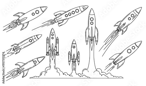 Line art rocket launch vector illustration set with spacecraft flight motion and smoke trail isolated on white
