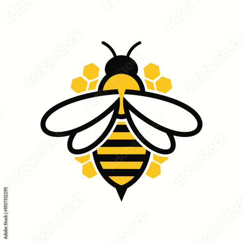 Honey bee logo design with yellow honeycomb background and detailed insect silhouette for organic honey production and local apiary business branding isolated on white background