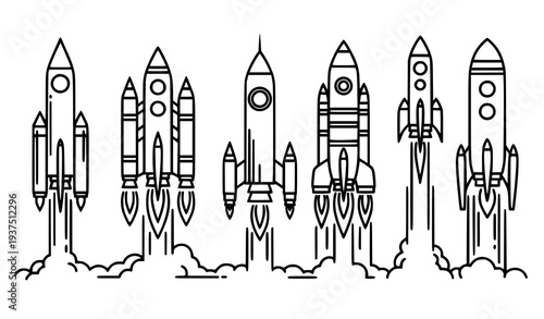 Minimal line art rocket launch vector illustration collection with propulsion flames and flight motion isolated on white